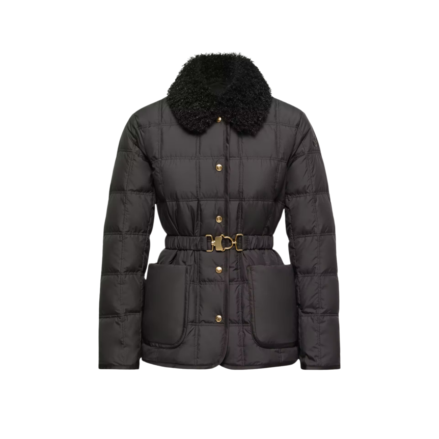 Doudoune courte à ceinture MONCLER Cygnes nylon noir mat lisse col poche fourrure
