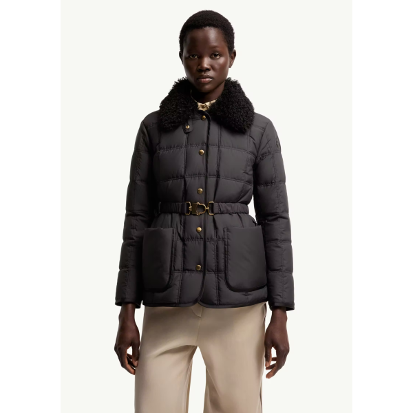 Doudoune courte à ceinture MONCLER Cygnes nylon noir mat lisse col poche fourrure