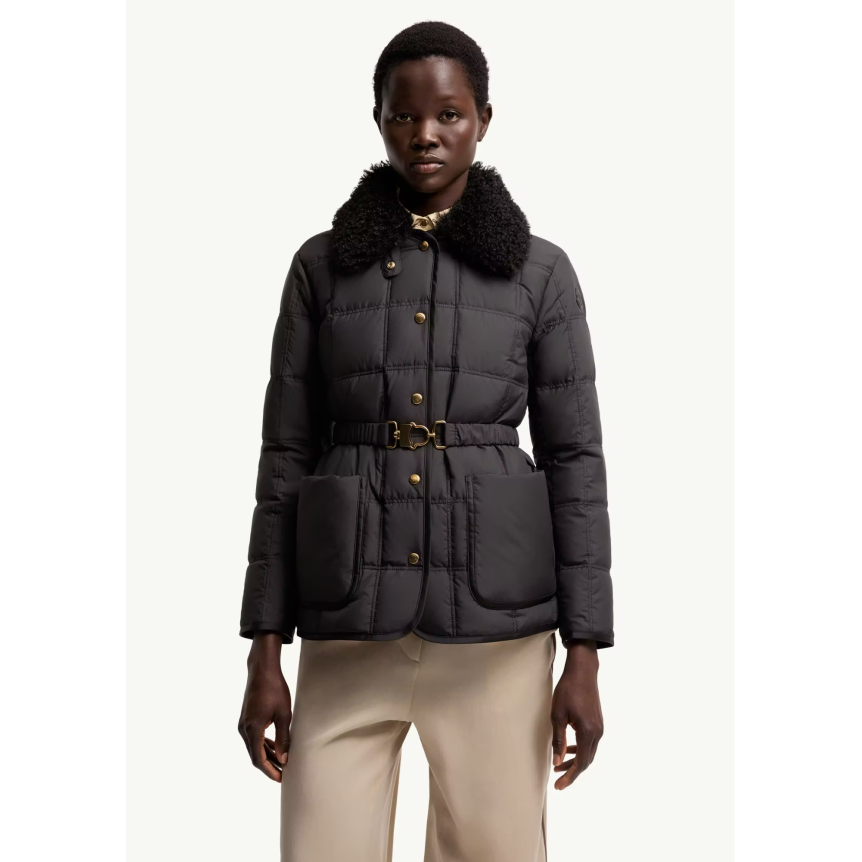 Doudoune courte à ceinture MONCLER Cygnes nylon noir mat lisse col poche fourrure