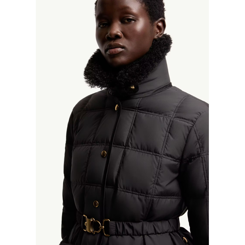 Doudoune courte à ceinture MONCLER Cygnes nylon noir mat lisse col poche fourrure