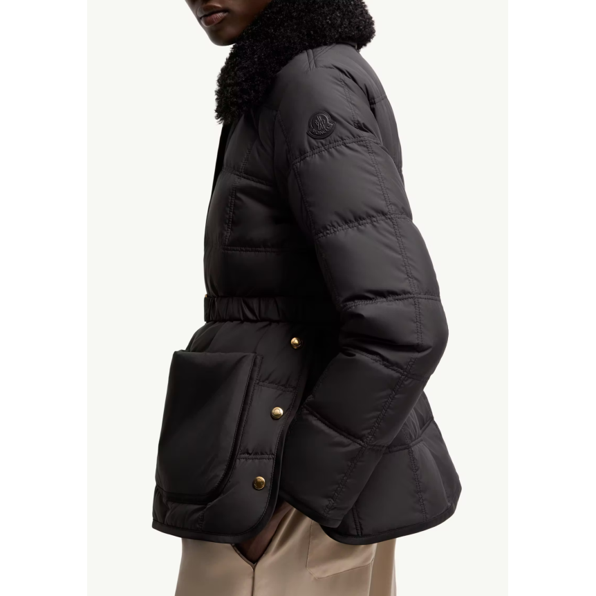 Doudoune courte à ceinture MONCLER Cygnes nylon noir mat lisse col poche fourrure