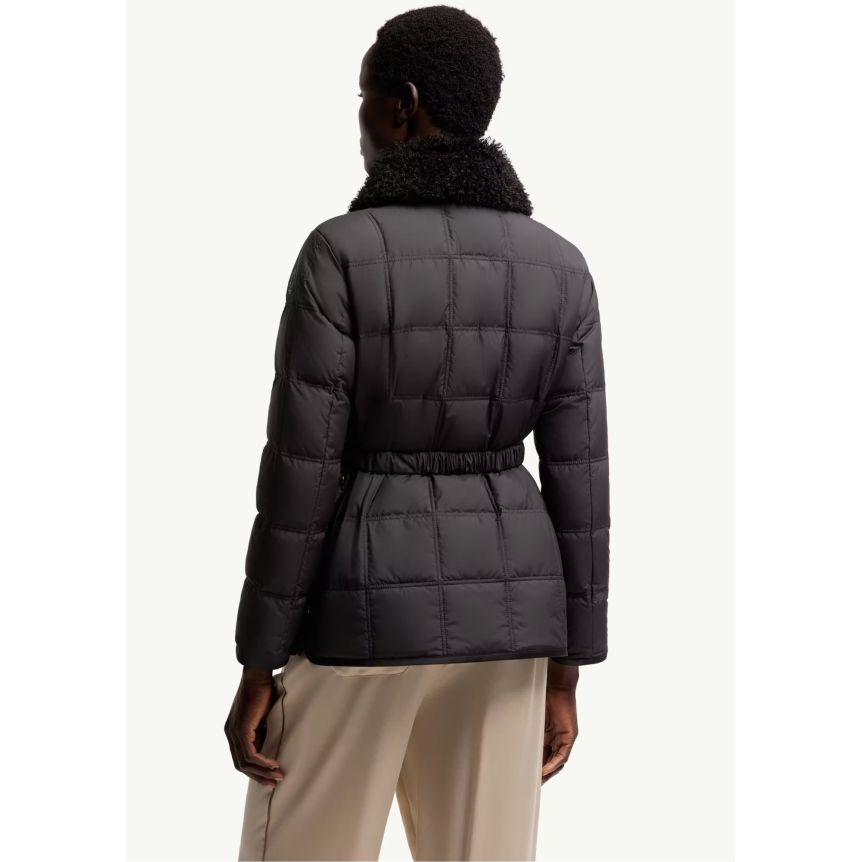 Doudoune courte à ceinture MONCLER Cygnes nylon noir mat lisse col poche fourrure