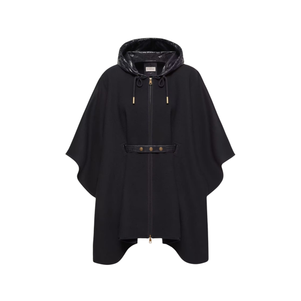 Cape capuche matelassée MONCLER laine vierge mélangée noir ceinture