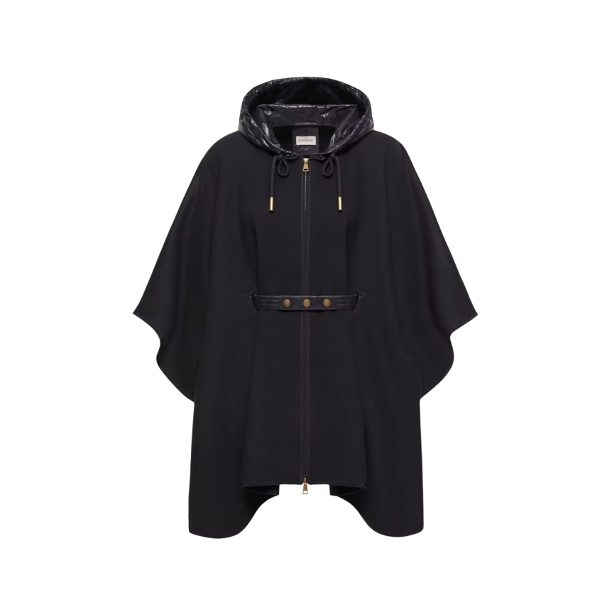 Cape capuche matelassée MONCLER laine vierge mélangée noir ceinture
