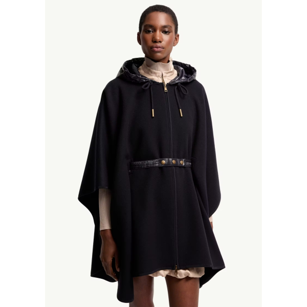 Cape capuche matelassée MONCLER laine vierge mélangée noir ceinture