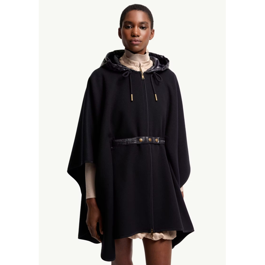 Cape capuche matelassée MONCLER laine vierge mélangée noir ceinture