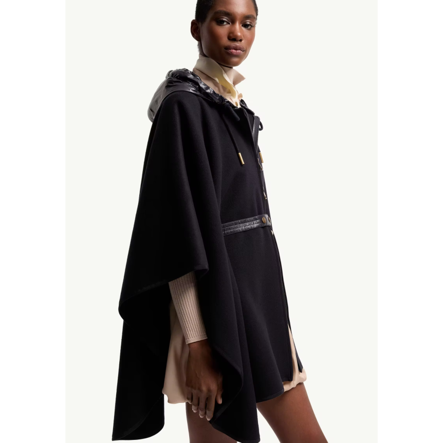 Cape capuche matelassée MONCLER laine vierge mélangée noir ceinture