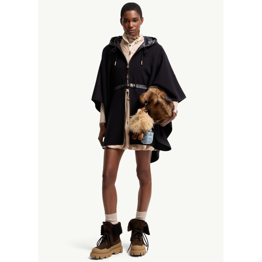 Cape capuche matelassée MONCLER laine vierge mélangée noir ceinture