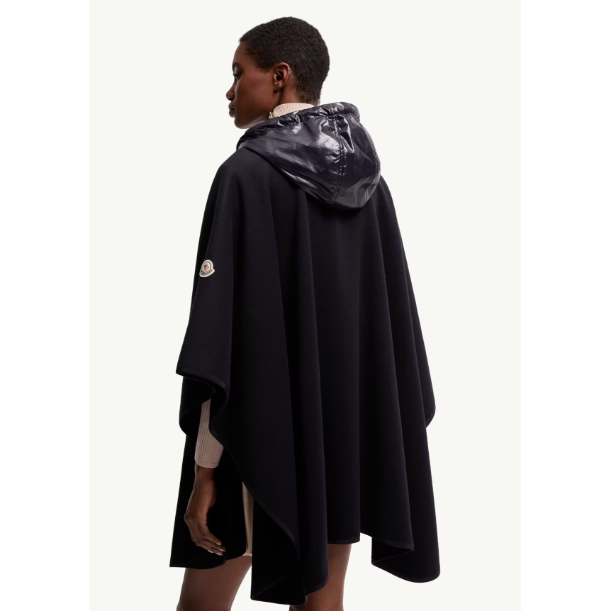 Cape capuche matelassée MONCLER laine vierge mélangée noir ceinture