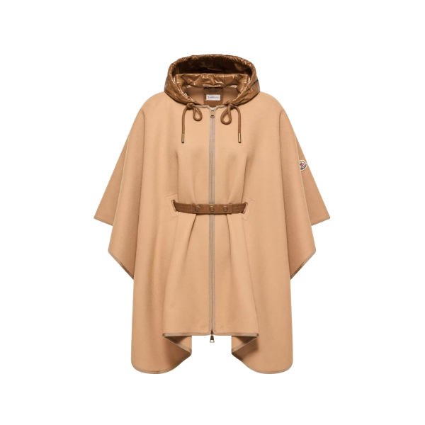 Cape capuche matelassée MONCLER laine vierge mélangée camel ceinture