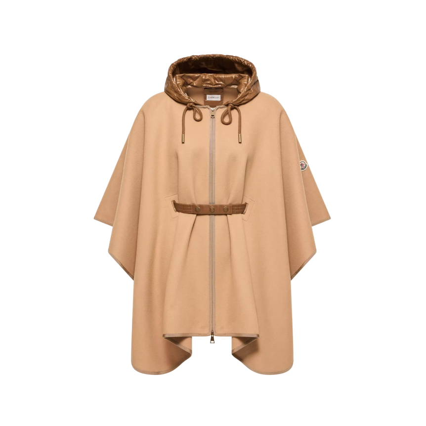 Cape capuche matelassée MONCLER laine vierge mélangée camel ceinture