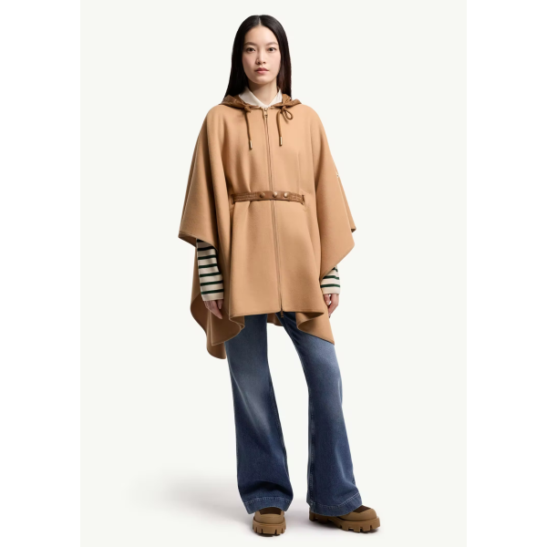 Cape capuche matelassée MONCLER laine vierge mélangée camel ceinture