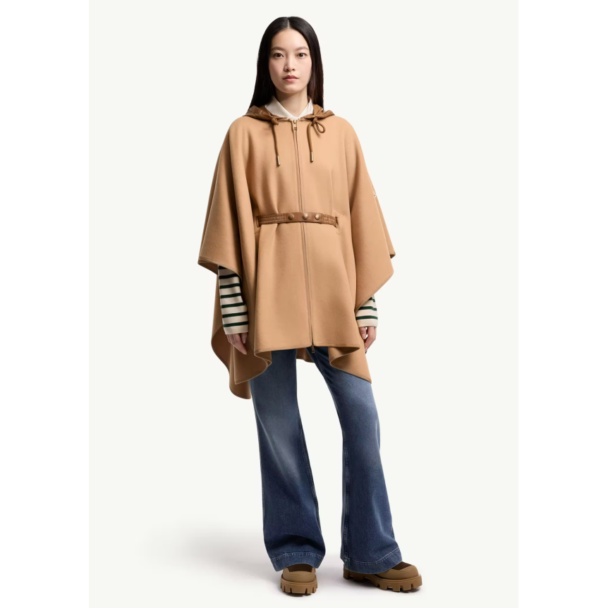 Cape capuche matelassée MONCLER laine vierge mélangée camel ceinture