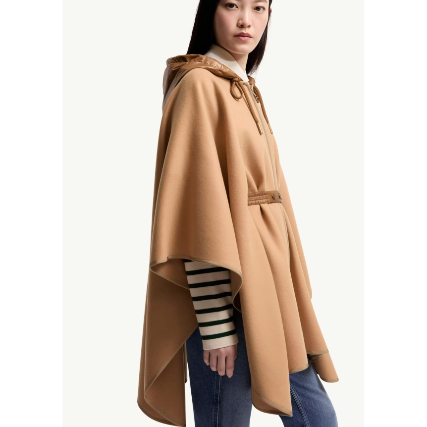 Cape capuche matelassée MONCLER laine vierge mélangée camel ceinture