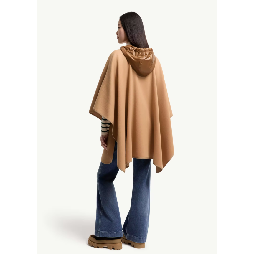 Cape capuche matelassée MONCLER laine vierge mélangée camel ceinture