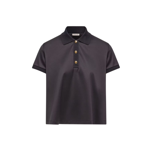 Polo court ample MONCLER coton bleu marine bouton pression doré