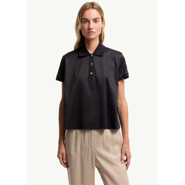 Polo court ample MONCLER coton bleu marine bouton pression doré