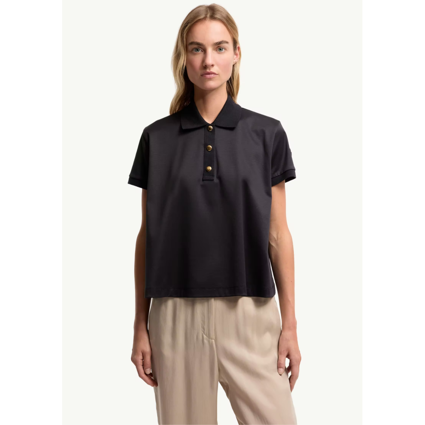 Polo court ample MONCLER coton bleu marine bouton pression doré