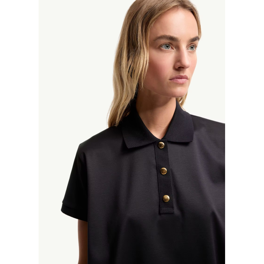 Polo court ample MONCLER coton bleu marine bouton pression doré