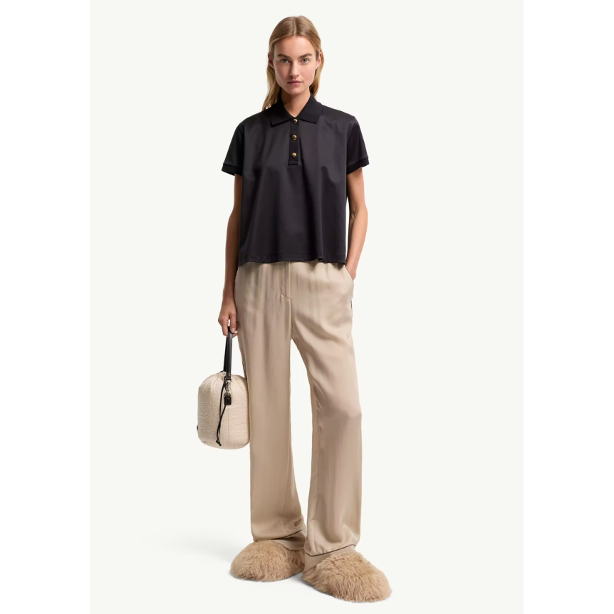 Polo court ample MONCLER coton bleu marine bouton pression doré
