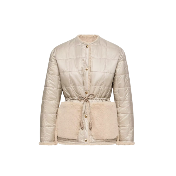 Doudoune courte réversible MONCLER Tipule nylon beige taupe bouton poche fourrure