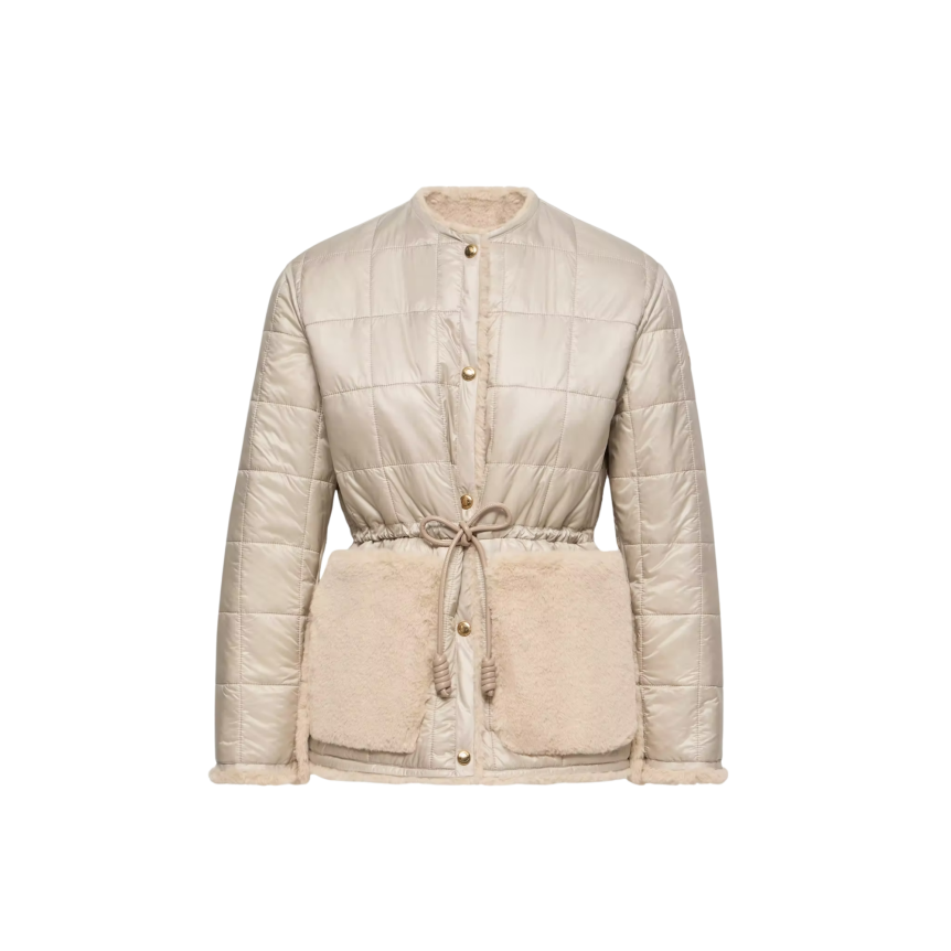 Doudoune courte réversible MONCLER Tipule nylon beige taupe bouton poche fourrure