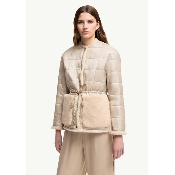 Doudoune courte réversible MONCLER Tipule nylon beige taupe bouton poche fourrure