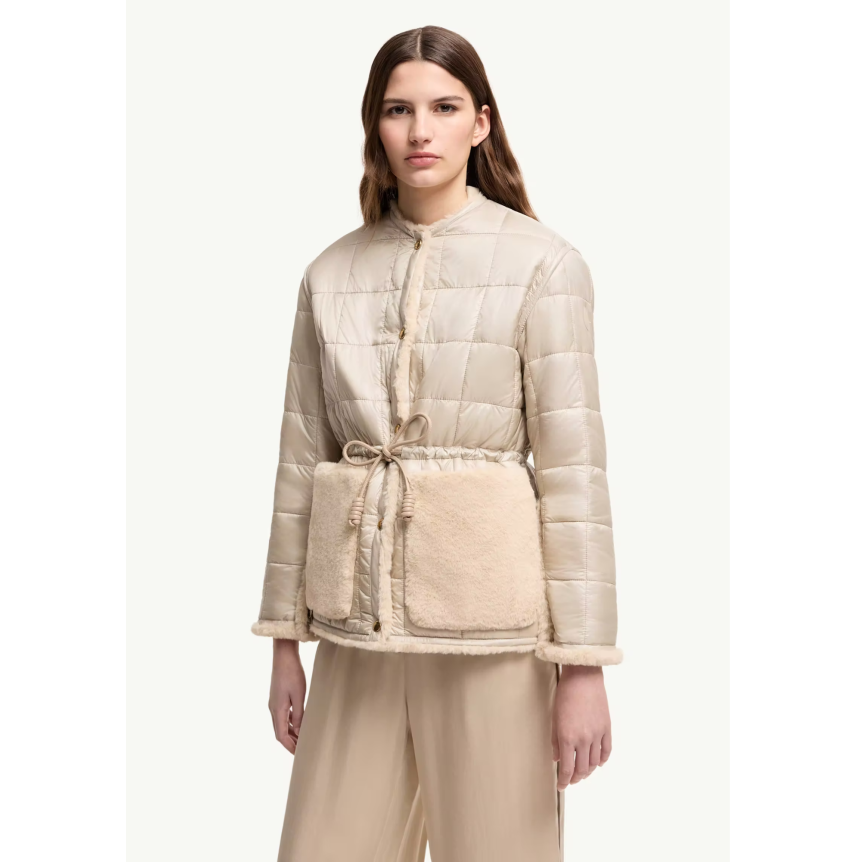 Doudoune courte réversible MONCLER Tipule nylon beige taupe bouton poche fourrure