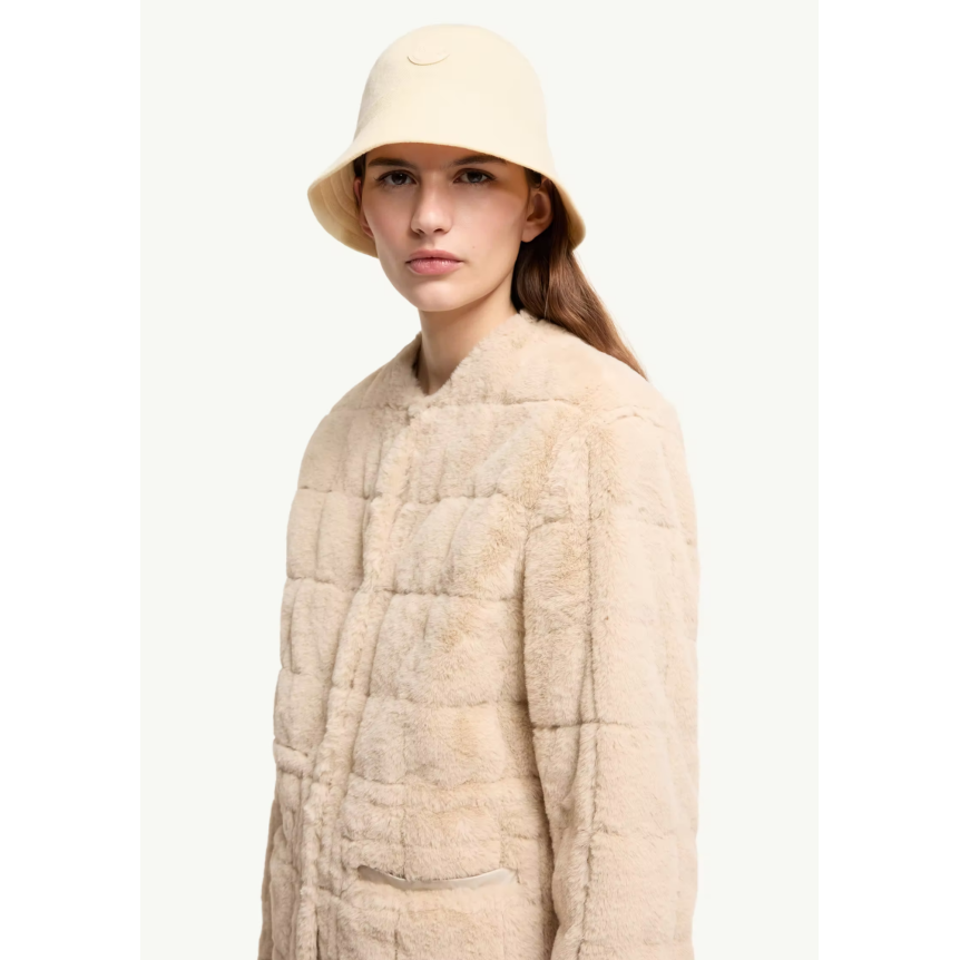 Doudoune courte réversible MONCLER Tipule nylon beige taupe bouton poche fourrure