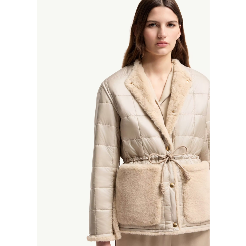 Doudoune courte réversible MONCLER Tipule nylon beige taupe bouton poche fourrure