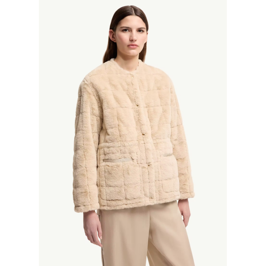 Doudoune courte réversible MONCLER Tipule nylon beige taupe bouton poche fourrure