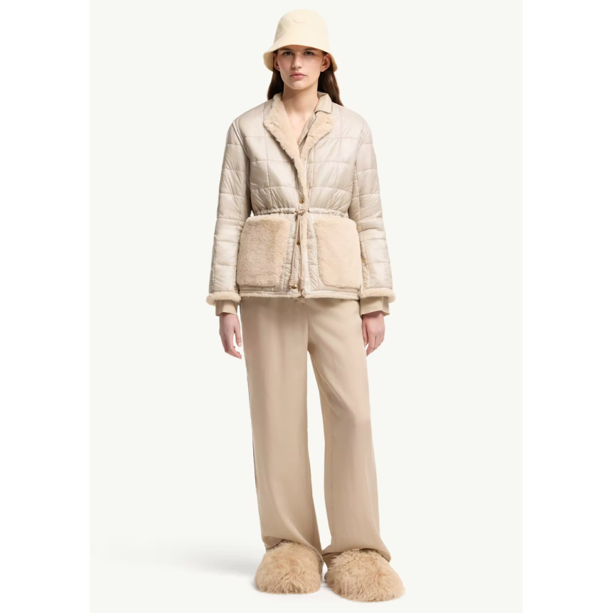 Doudoune courte réversible MONCLER Tipule nylon beige taupe bouton poche fourrure