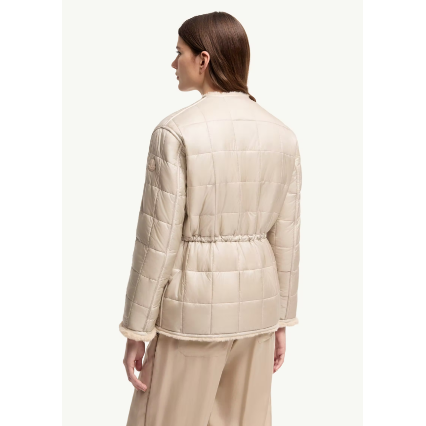 Doudoune courte réversible MONCLER Tipule nylon beige taupe bouton poche fourrure