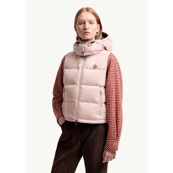 Gilet doudoune sans manche MONCLER à capuche Niverolle nylon rose