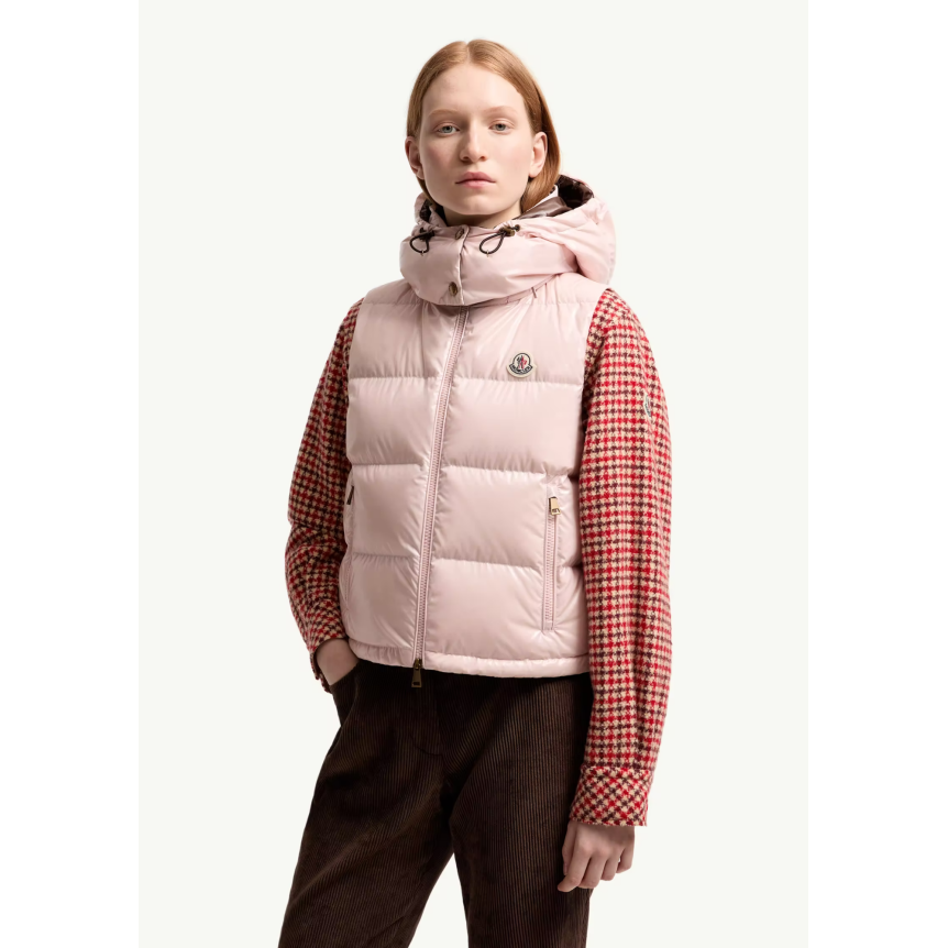 Gilet doudoune sans manche MONCLER à capuche Niverolle nylon rose