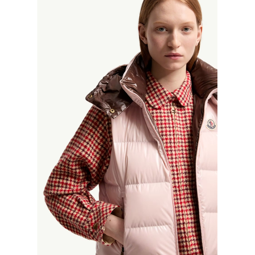 Gilet doudoune sans manche MONCLER à capuche Niverolle nylon rose