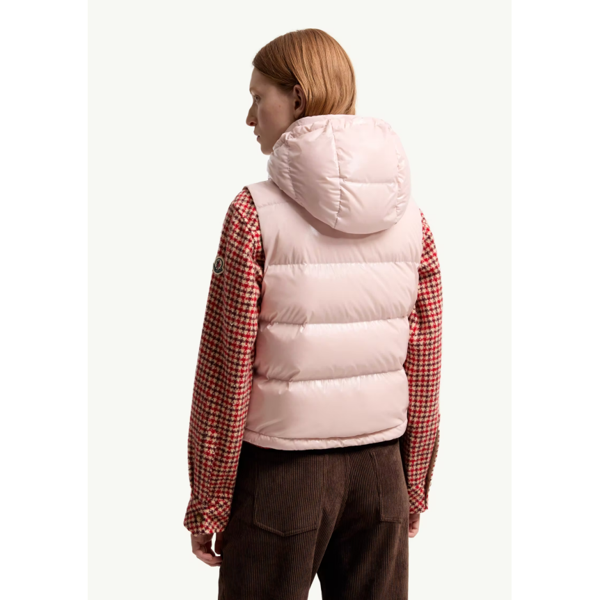 Gilet doudoune sans manche MONCLER à capuche Niverolle nylon rose