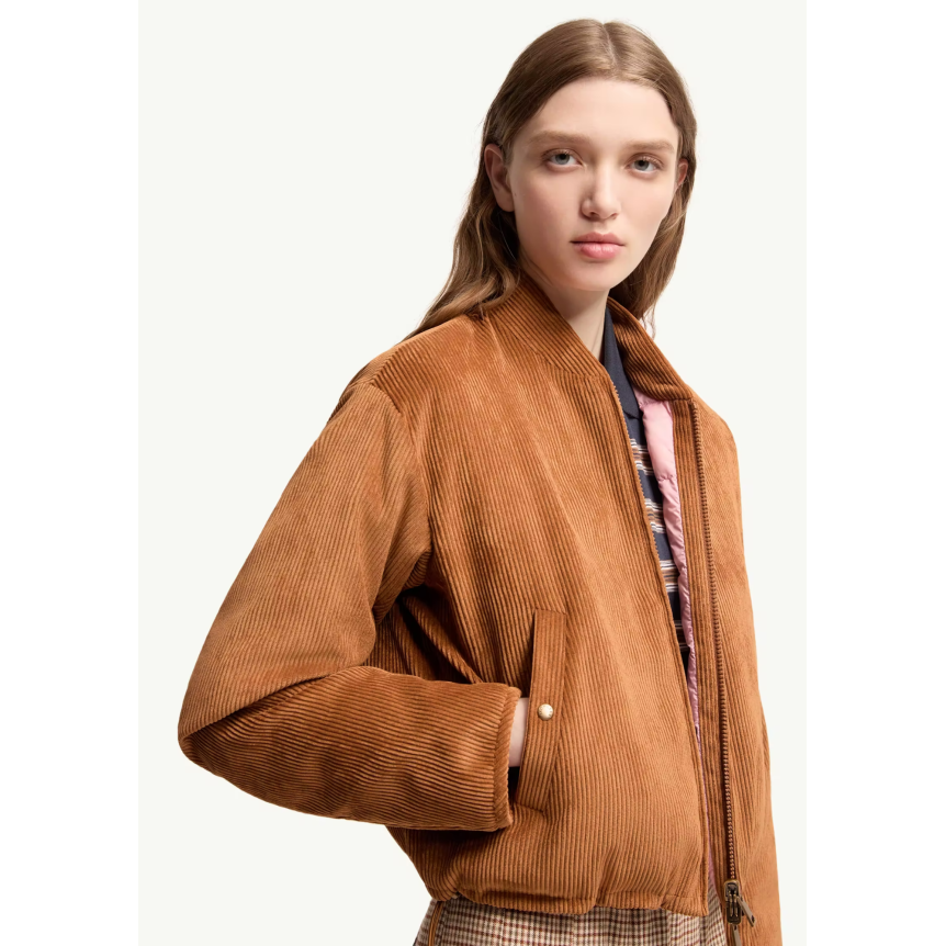 Doudoune courte MONCLER Blageon en velours côtelé camel réversible nylon rose
