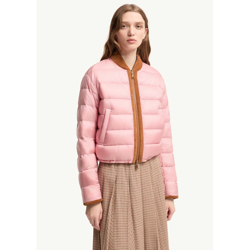 Doudoune courte MONCLER Blageon en velours côtelé camel réversible nylon rose