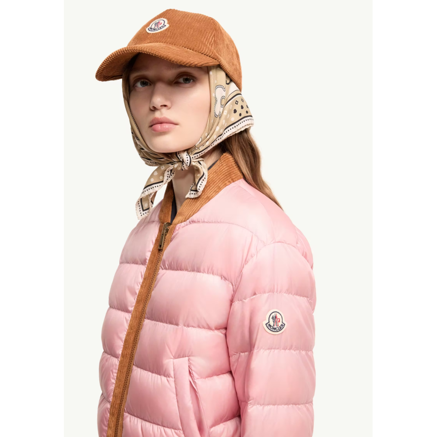 Doudoune courte MONCLER Blageon en velours côtelé camel réversible nylon rose