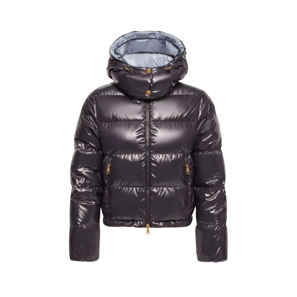 Doudoune courte à capuche MONCLER Niveole nylon bleu marine brillant doublé bleu ciel