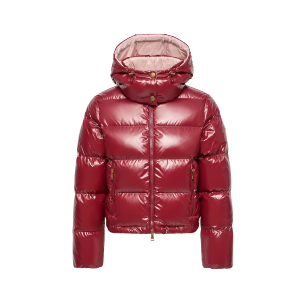Doudoune courte à capuche MONCLER Niveole nylon brillant  rouge doublé rose