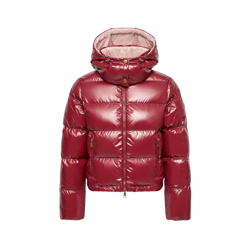 Doudoune courte à capuche MONCLER Niveole nylon brillant  rouge doublé rose