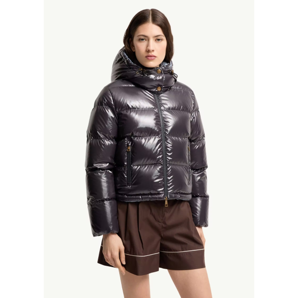 Doudoune courte à capuche MONCLER Niveole nylon bleu marine brillant doublé bleu ciel