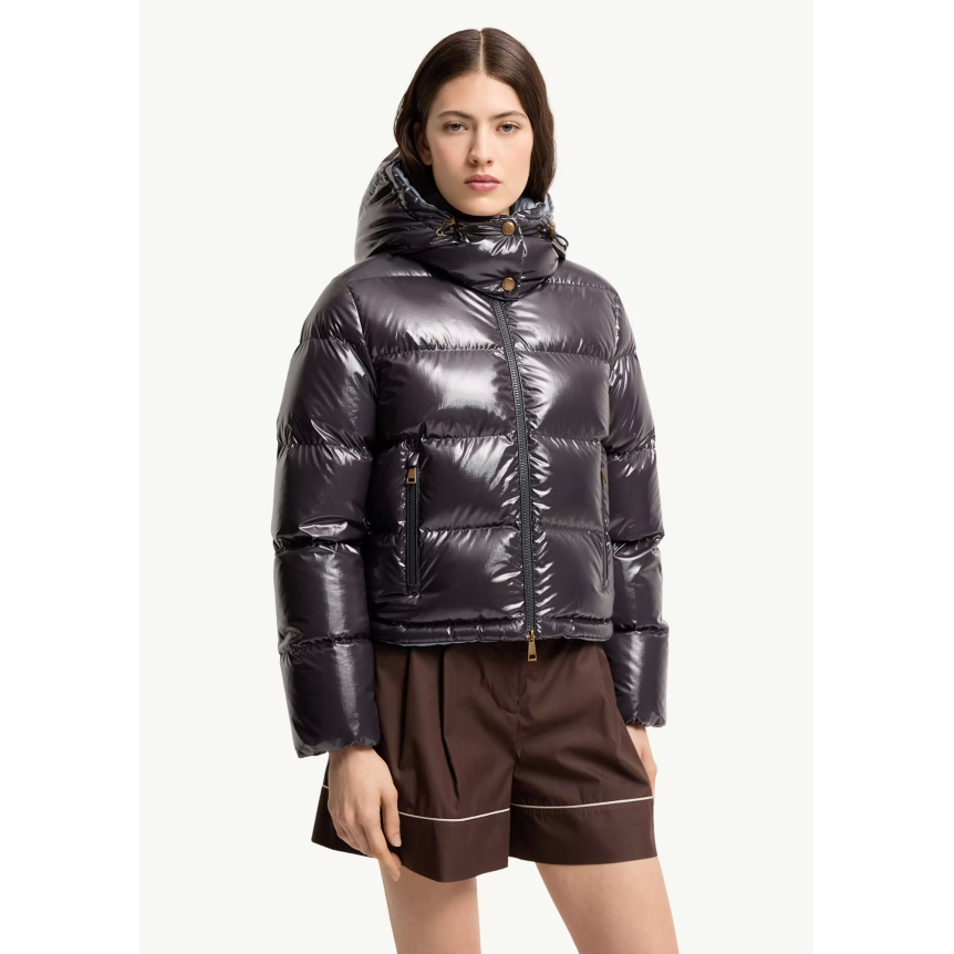 Doudoune courte à capuche MONCLER Niveole nylon bleu marine brillant doublé bleu ciel