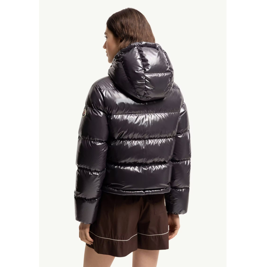 Doudoune courte à capuche MONCLER Niveole nylon bleu marine brillant doublé bleu ciel