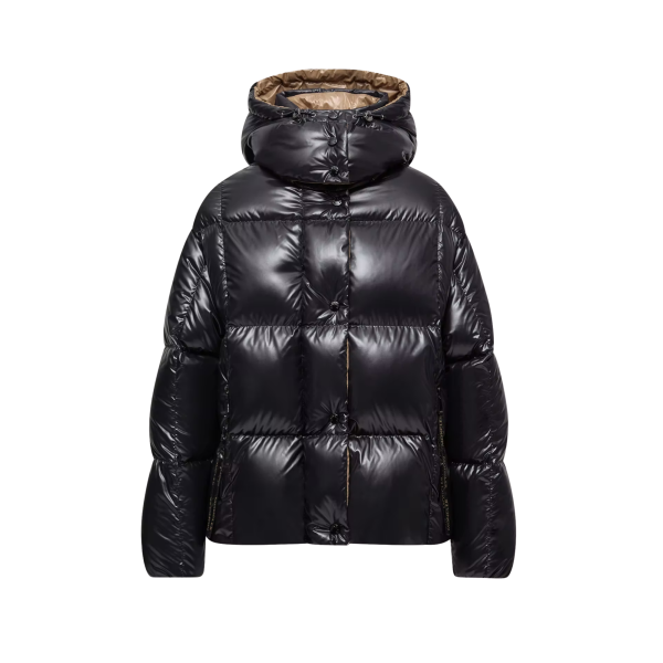 Doudoune courte à capuche MONCLER Parana nylon brillant noir pression col camel