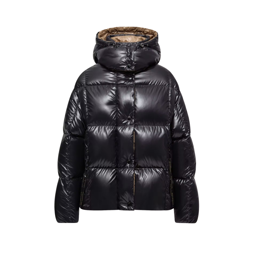 Doudoune courte à capuche MONCLER Parana nylon brillant noir pression col camel