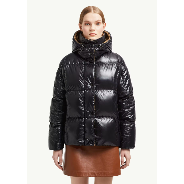 Doudoune courte à capuche MONCLER Parana nylon brillant noir pression col camel