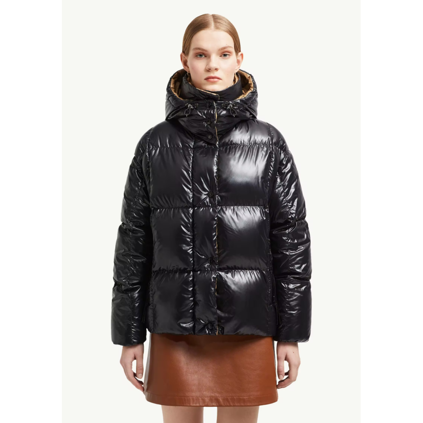 Doudoune courte à capuche MONCLER Parana nylon brillant noir pression col camel